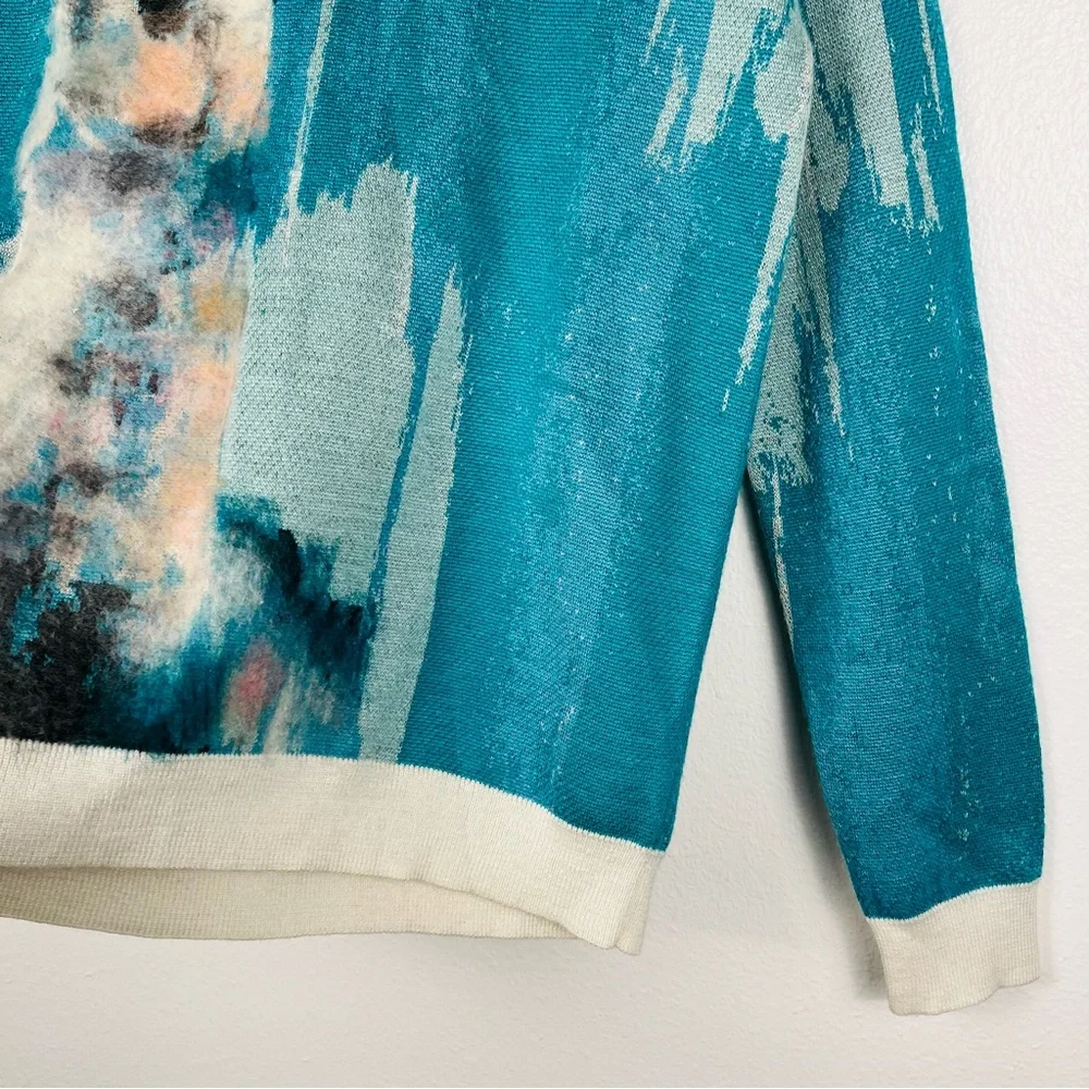 Anthropologie Llama Abstract Watercolor Turquoise Blue Pullover Sweater Small